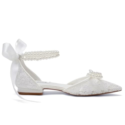 Image of Pearl Wedding Shoes for Bride Flat Lace Bride Shoes Pointed Toe Bridal Flats