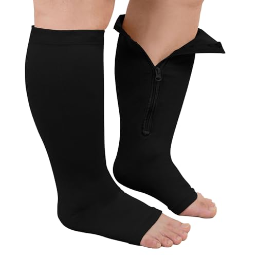 ZFSOCK Plus Size Compression Socks: Wide Calf Graduated Pressure Support Stockings Men Women Open Toe Toeless Zipper Extra Large Flight Socks for Swollen Legs Travel 1 Pair Black 3XL