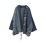 Patchwork Denim Kimono Jacket Wide Sleeve Cardigan Wrap Front with Belt Paisley Print Coat for Women (US, Alpha, One Size, Regular, Regular, Blue)