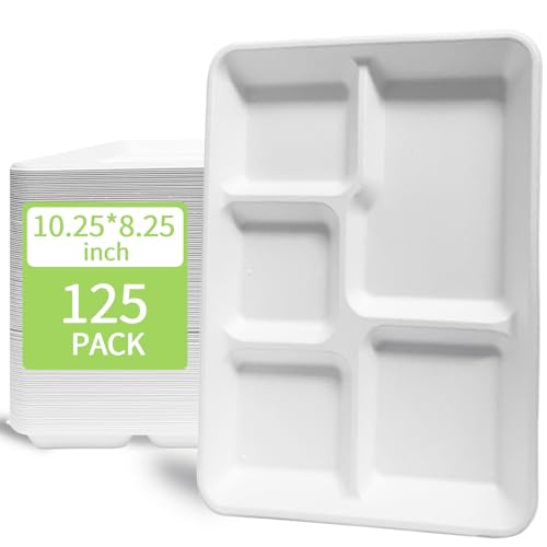 DALOUGHNA 125-Pack 100% Compostable Plates 5 Compartment Paper Plates, Disposable