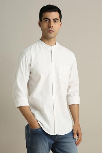 Image of Peter England Men's Casual Mandarin Collar Slim fit Full Sleeve Shirt in 100% Cotton Seersucker with Striped Design