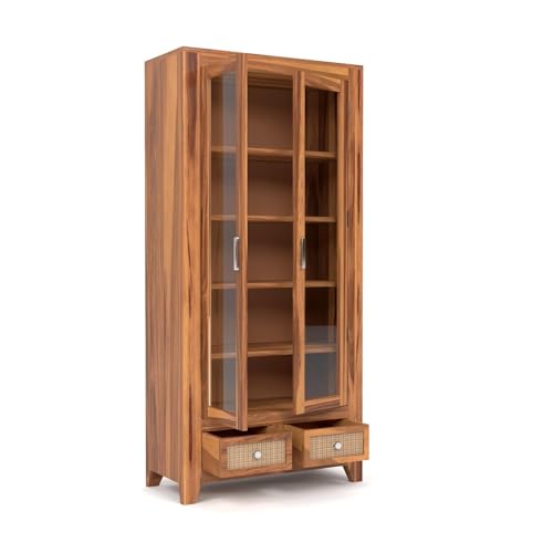 Image of Solid Sheesham Wood Book Cabinet with Acrylic Glass Doors | Rosewood Display Storage Unit with Shelves & Drawers for Home & Office | Louge (B-Honey)