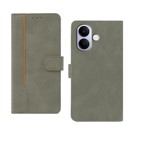 Image of amazon basics Vivo V60 Lite 5G Flip Cover | Card Pockets Wallet & Stand | Flip Cover for Vivo V60 Lite 5G (Gray with Beige Strip)