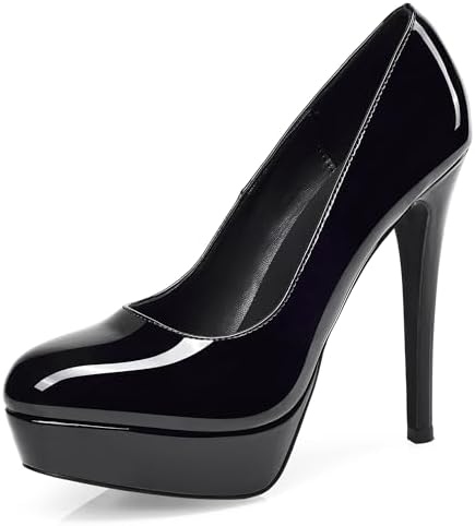 GENSHUO Platform Stilettos Heeled Pumps Round Toe Sexy Patent Leather Pumps 5.5 Inches High Heels for Women Office Party Club Wedding Prom All Black Size 7.5