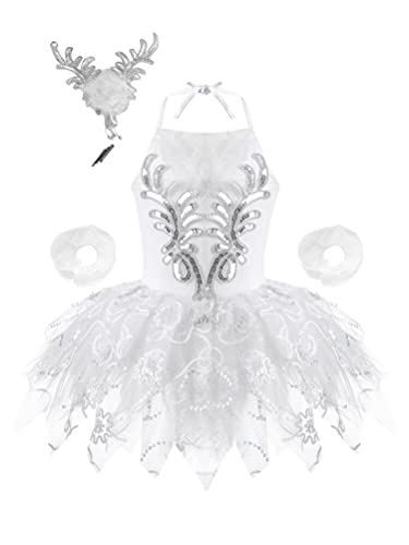 Aislor Vestido de Ballet Tutu para Niñas Maillot de Danza Clásica Espalda Cruzada con Braga Algodón Leotardo de Baile Body Bailarina Princesa Traje Gimnasia Elegante Infantil Blanco B 3-4 años
