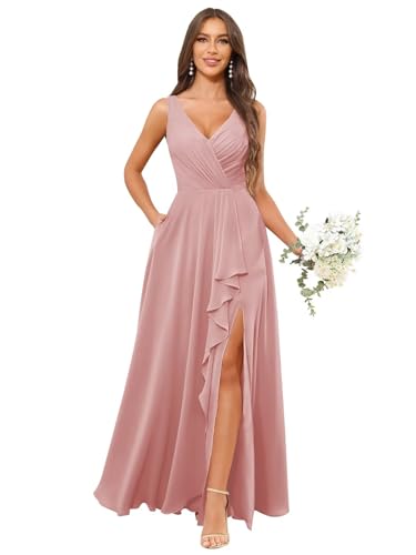 Image of HANVAIOS Long Chiffon V Neck Bridesmaid Dresses for Women Formal Dress with Pocket