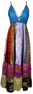 Womens Upcycle Silk Maxi Dress, Multicolor Bohemian Strapdres M/L