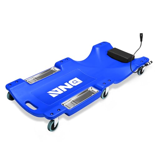 DNA Motoring 40 Inch Low Profile Plastic Rolling Garage Shop Floor Creeper with LED Light, Padded Headrest, Dual Tool Trays, Casters, Blue, TOOLS-00389-BL
