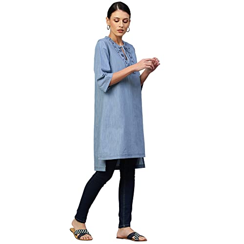 Image of Chemistry Women's Blue Cotton Ice Wash Denim Embroidered Yoke Kurta | Premium 100% Cotton Fabric | Trendy and Stylish | Intricate Embroidery Details | Regular Fit and Versatile | Elevate Your Ethnic Wardrobe