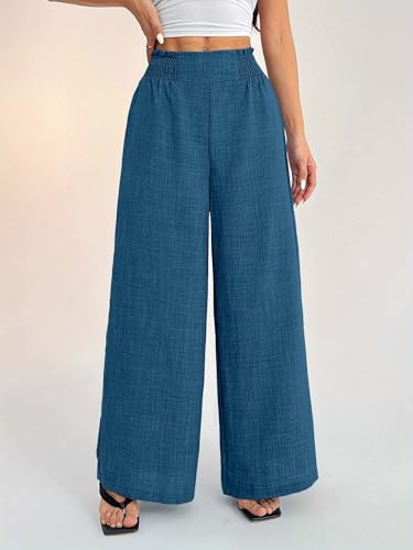 Image of Sugathari Women's Casual Wide Leg Pants - High Waist Elastic Waistband Loose Fit Long Trousers | Lightweight Straight Leg Summer PantsTrouser 254