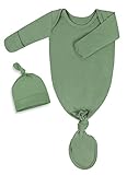 Mikccer Newborn Knotted Baby Gown 0-6 Months, Super Soft Breathable Nightgowns for Babies Girl and Boy, Baby Girls Coming Home Hospital Outfit with Hat Set Green