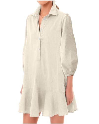 Image of YEXPINE Women Button Down Dress Casual 3 /4 Puff Sleeve Cotton Linen Dress Flowy Ruffle Hem Tunic Shirt Dresses
