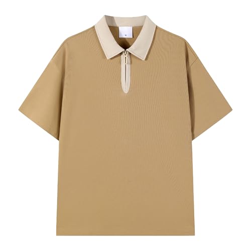 Men Loose Contrast Paul Collar Shirts Quarter Zipper Lapel Cotton Couple Shirt Summer Cute Date Simple Pullover Top (Off Camel,3X-Large)