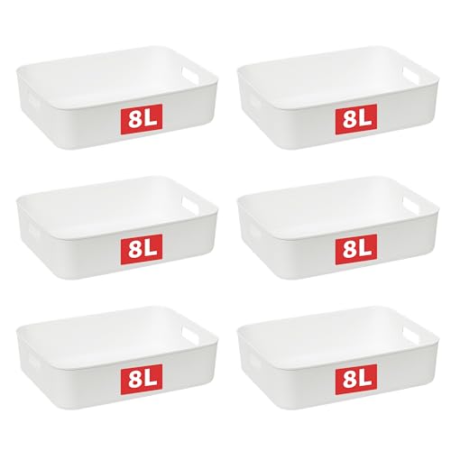 Cetomo 8Lx6 Aufbewahrungskorb, Kunststoff Aufbewahrungskörbe mit Griffen, Stapelbare Organizer Box für Regal, Küchenschrank, Badezimmer, Aufbewahrungsbox ohne Deckel, Weiß, 8L-6er Set (35 * 27 * 9cm)