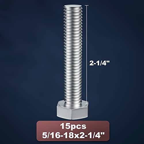 Image of 5 /16-18 x 2-1 /4 inch (1 /2 to 6 inch Optional) Hex Head Screw Bolt, Stainless Steel 18-8(304), Fully Threaded,15pcs