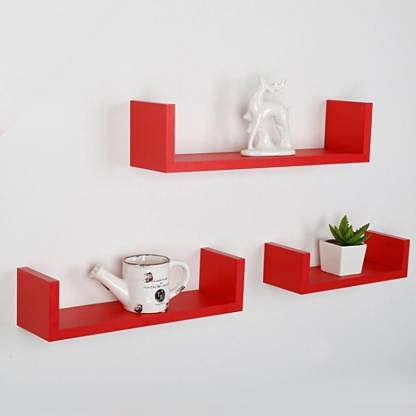 Image of DECORVISTA Wooden Handcrafted Wall Shelf Beautiful Floating Wall Racks Shelves Living & Bed Room Decor U Shaped Set of 3 (Multi) (RED)