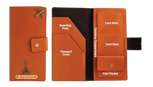 Image of AICA Personalized Name & Charm Long Leather Wallet Passport Cover (Tan Brown) with Boarding Pass Holding Currency Card Slot & Coin Holder for Men & Women | Birthday Travel Gifts for Friends Family