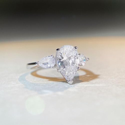 CIUFEWEK 925 Sterling Silver pear Shaped Water Drop Perfect Cut 3 Carat Sparkling Diamond Ring Tear CZ Cubic Zirconia Promise Love Halo Engagement Ring Confession Gift 64