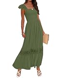 ZESICA Women's 2026 Summer Lace Strap Sleeveless Square Neck Smocked High Waist Ruffle Hollow Out Flowy A Line Maxi Dress,Army Green,X-Small