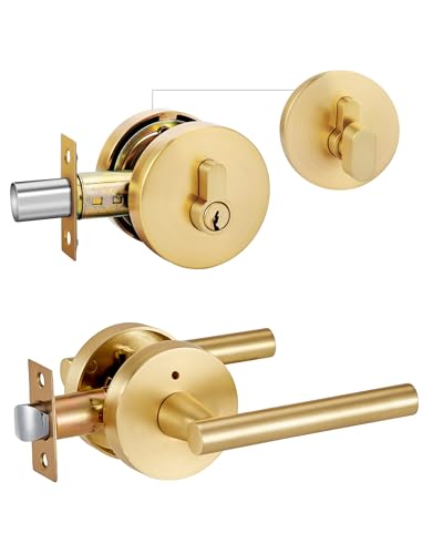 Image of Lethato Gold Door Handle and Deadbolt Set, Heavy Duty Front Door Lock Set, Exterior Door Lever Single Keyed Round Deadbolt Lock (1 Pack)