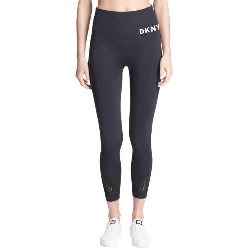 DKNY Women's Tummy Control Workout Yoga Leggings, Black Seamless Tight with White Logo, L