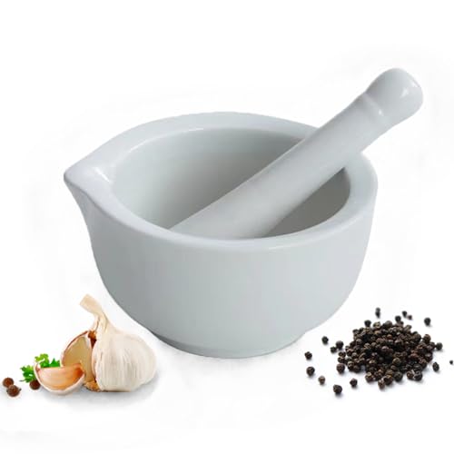 DeJivsin Mortero Cocina Porcelana, Juego de Mortero y Mortero de 10 cm, Mortero de Cocina de Cerámica, con Mortero para Especias, Frutos Secos, Pimienta o Hierbas, Apto para Lavavajillas