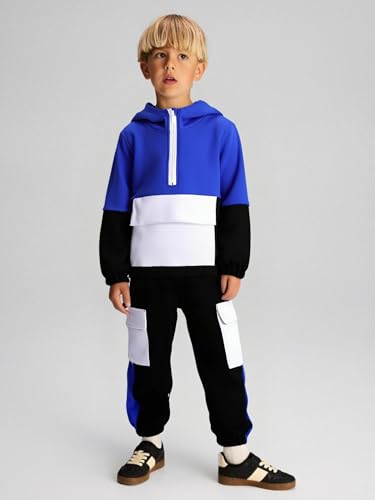 Image of Azmxynol Boys Clothes Kids Little Boy Color Block Half Zip Hoodie & Jogger Pants 2 Piece Outfit Set,4-12 Years