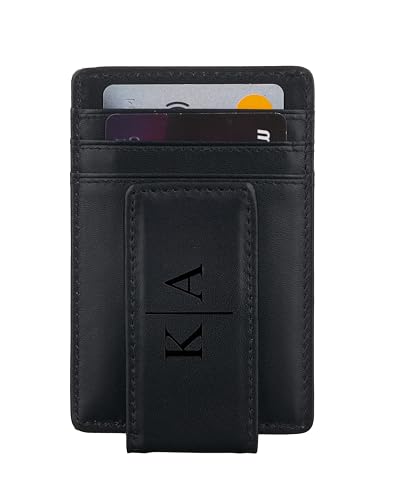 Awesometik Customizable Money Clip Leather Wallet | Classic Leather Money Clip for Men | Money Holder | ID Credit Card Holder (Black)