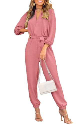PRETTYGARDEN Women's Fall Jumpsuits Dressy Casual Pants Romper Spring Long Sleeve V Neck Belt Pockets One Piece Outfits