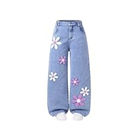 BEAUDRM Girl's Floral Baggy Jeans Cute Wide Leg Denim Pants Elastic Waist Denim Jeans with Pockets Blue 10Y