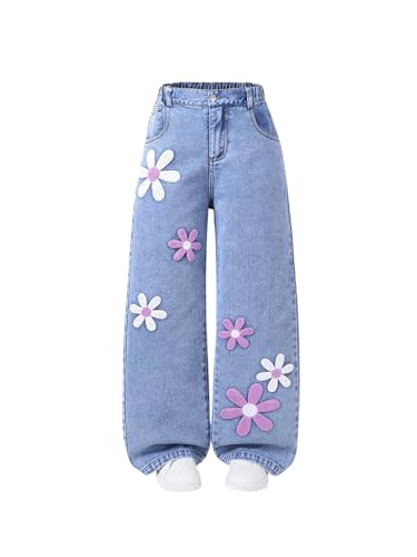 Verdusa Girl's Floral Jeans Boho Wide Straight Leg Denim Pants with Pockets