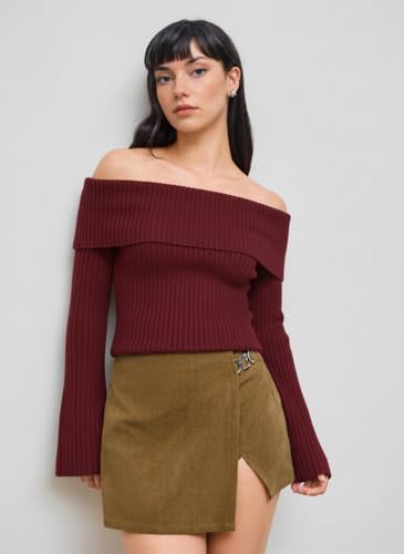 Image of CIDER Off The Shoulder Tops for Women Long Sleeve Going Out Y2K Tops Knit Pullover Fall Outfits Trendy