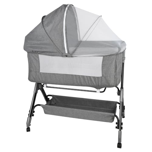 OHMG 3 en 1 Berceau Cododo pour Bébé,Inclinaison&Hauteur Réglable,Lit Cododo de Bébé avec Matelas Moelleux et Moustiquaire 4 Roues,pour 1 à 36 Mois (Gris（105 * 52 * 103-115cm）)