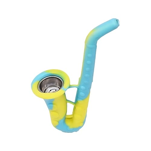 Image of Kookee Silicone Unbreakable Saxophone Smoking Pipe, Tobacco Pipes with Steel Bowl, Blue and Yellow