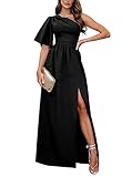 Rooscier Women's One Shoulder Ruffle Short Sleeve Split Side Party Long Maxi Dress Solid Black Mediu