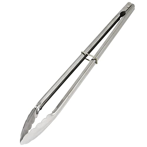 12 Stainless Steel BBQ Serving Tongs - Easy to Grip Handle with Locking Catch and Hanging Eye for Convenient Storage Dishwasher Safe Great for Serving Salads Grilling Meats and Flipping Food