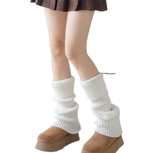 Women Winter Fall Vintage Ribbed Knit Turn Cuff Leg Warmers Preppy Solid Color Drawstring Leg Covers Stretch Boot Socks