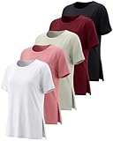 Real Essentials 5 Pack: Women's Short Sleeve Active Workout T-Shirts - Dry Fit Gym Tops with Split Hem, Set 5, Large