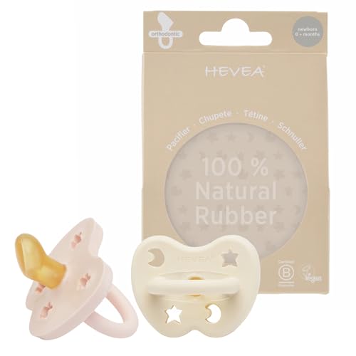 Image of HEVEA Natural Rubber Pacifier Orthodontic Newborn 0+ Months – Hygienic One Piece Design for Newborns to Toddlers, BPA-Free, Soft & Durable - Two-Pack (Powder Pink & Milky White)