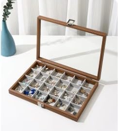 Image of KRISHYAM Wooden Jewelry Box Jewellery Case with Glass Lid, 24 Grid Jewelry Organizer with Lock for Rings, Earrings