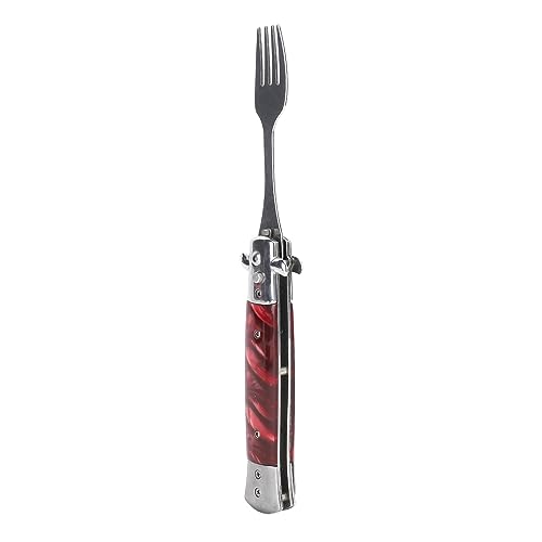 Folding Spring Camping Fork One Button Flick 304 Stainless Steel Pocket Size Automatic Spring Utensils Fork (Red)