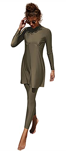 Alaysom Womens Modest Swimwear Swimsuit Muslim Swimwear Hijab Swimming Beachwear Long Sleeve Surfing Suit (Brown Green, XL)