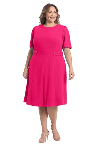 Image of London Times Women's Knit Eyelet Short Sleeve Crepe Inset Waist Midi with Button Detail