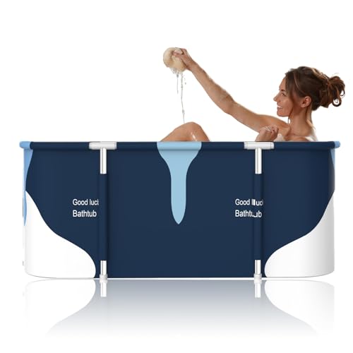 Bañera portátil extragrande de 141 cm para adultos, tina plegable de 55 pulgadas de grosor con marco de metal, bañera de spa plegable para cabina de ducha, baño familiar separado para baño de hielo