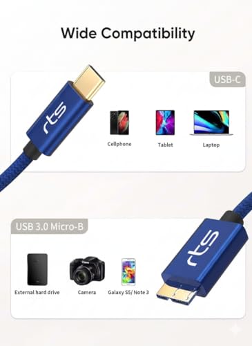Image of rts Type-C to Micro B External Hard Disk Drive HDD Cable (50CM) Micro B to USB C Cord 10Gbps USB C to Portable Hard Disk Cable Compatible for WD Seagate Hitachi Buffalo, LaCie, iPad /Tablet, iPhone 15