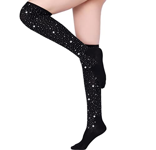 Image of Woman's Rhinestone Over Knee High Socks Stripe Knit Stockings Leg Warmers for Christmas Valentines day Events