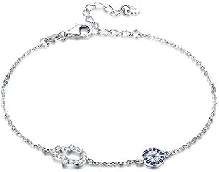 Blue Evil Eye Hamsa Hand of Fatima Bracelet Sterling Silver 925 Cubic Zirconia Chain 6.5inch+1.5inch