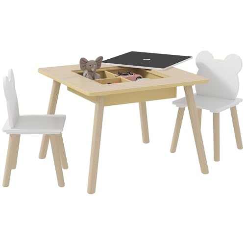 AIYAPLAY Juego de Mesa y 2 Sillas Infantiles de Madera, Mesa Infantil con Sillas, con Pizarra, Respaldo en Forma de Osito y Compartimentos, para Niños, para Guardería, Dormitorio, Natural y Blanco