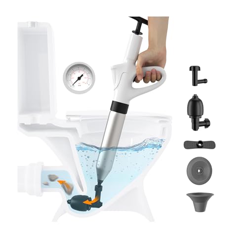 Rohrreiniger Druckluft, Abflussreiniger Pumpe mit Luftkompression und Luftdruckanzeige, Pressluft Rohrreiniger mit 4 Saugnäpfen für Waschbecken, Toiletten, Badezimmer, Dusche, Küche (Weiß)