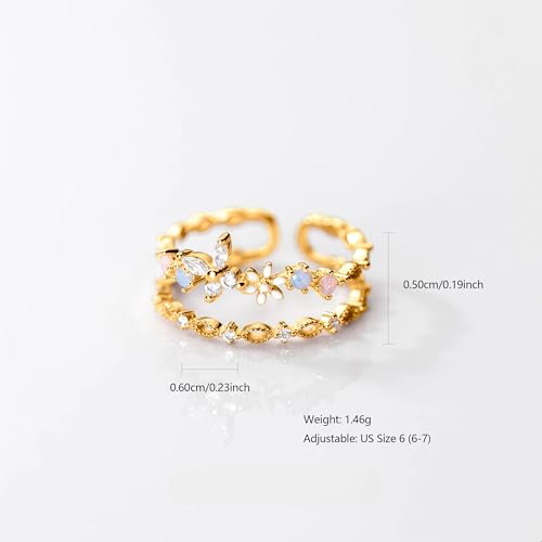 LOVECOM 925 Sterling Silver Cute Butterfly Daisy Flower Rings for Women 14K Gold Plated 2 Layered Colorful Opal CZ Floral Boho Stackable Statement Ring Jewelry Birthday Gifts to Daughter4